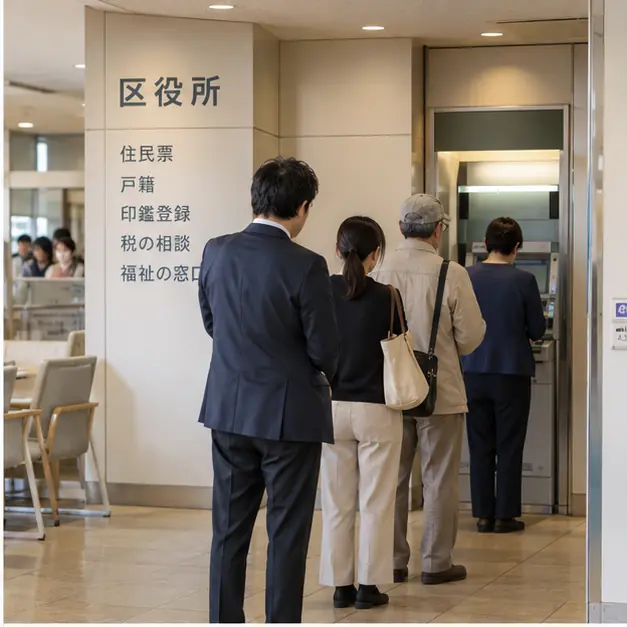 ATMの順番を待つ利用者